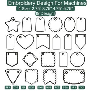 Op de afbeelding: Een verzameling van 19 borduurontwerpen voor machines, met verschillende vormen zoals labels, sterren, harten en cirkels. Beschikbaar in vier maten: 7 cm, 9.5 cm, 12 cm en 14.5 cm. De tekst "Embroidery Design For Machines" staat bovenaan.