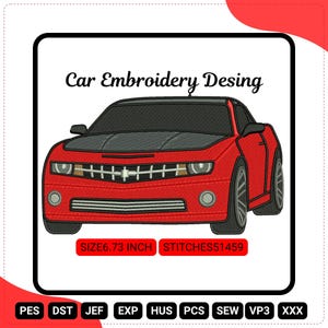 Può includere: Un disegno di ricamo di auto rossa con tetto nero. Il testo "Car Embroidery Desing" è sopra l'auto. Il disegno misura 17,1 cm. Il disegno ha 51459 punti.