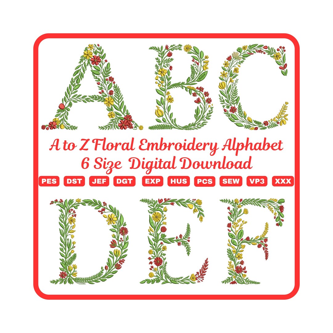 Floral Alphabet Embroidery Font - Flower Letters Botanical Embroidery ...