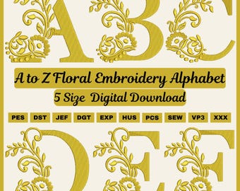 Floral Embroidery Font, A-Z Alphabet, Machine Embroidery Designs (Digital Download)