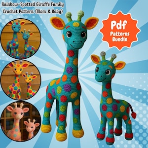 Modèle de girafe au crochet, amigurumi maman et bébé à pois arc-en-ciel (PDF)