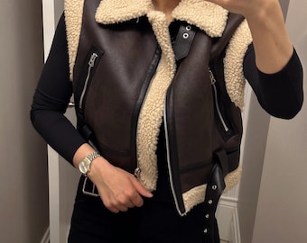 Women's Brown B3 Aviator Shearling Leather Vest, Cropped Sherpa Real Cowhide Leather Vest, Winter Sleeveless Jacket