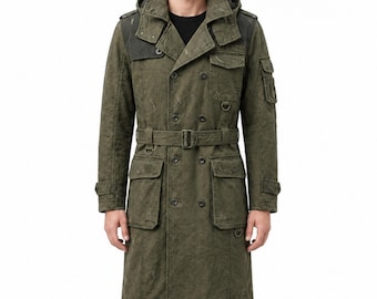 Post Apocalyptic Distressed Trench Coat Men Olive Military Duster Coat Hooded Long Canvas Overcoat Gothic Tactical Jacket