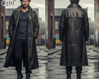 Trench Coat Distressed Cowhide Leather | Handmade Vintage Duster Coat | Steampunk Long Leather Coat for Men