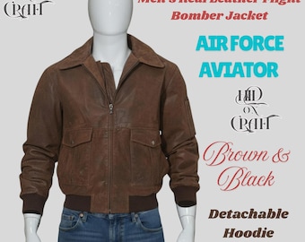 Mens A2 Flight Bomber Jacket | Air Force Aviator | Genuine Leather Pilot Jacket | Removable Hoodie
