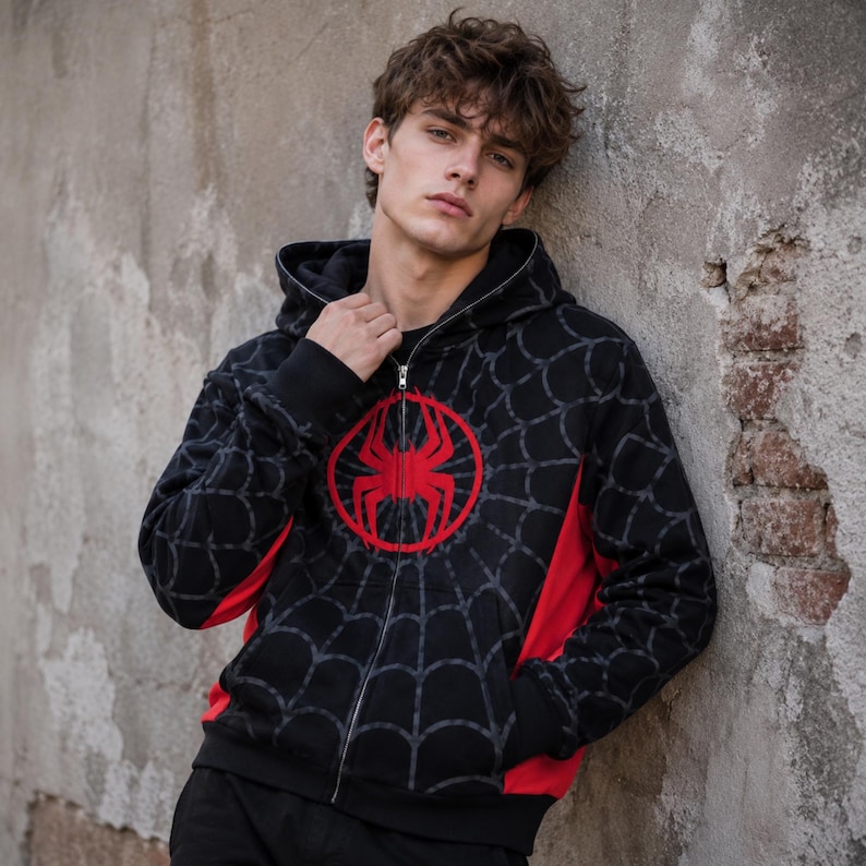 Black Red Miles Morales Spider Hoodie male model urban outdoor wall background