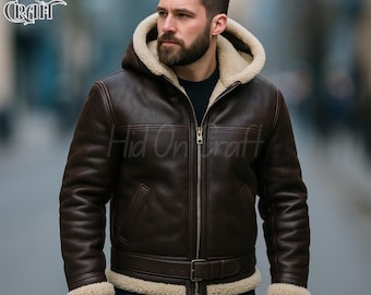 Mens Shearling Leather Jacket | Aviator B3 Bomber Hoodie Jacket | Winter Faux Fur Lined Coat
