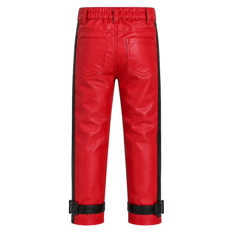 May include: Bright red pants made of a smooth, leather-like material featuring a black vertical stripe running down each outer leg. The pants include an elastic waistband, two back pockets, and black buckled straps at the bottom of each leg.