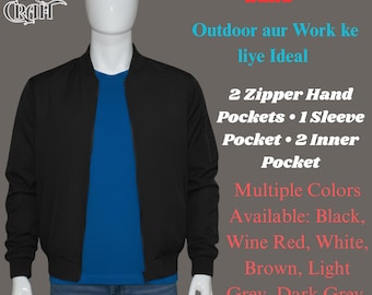 Mens Lightweight Bomber Jacket | Ribbed Collar Windbreaker | Spring Fall Zip-Up Coat | Multi-Pocket | Casual Wear