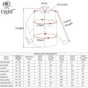 Pode incluir: Um desenho de linha a preto e branco de uma camisa de bot&otilde;es com setas vermelhas indicando pontos de medi&ccedil;&atilde;o para comprimento, ombro, comprimento da manga, peito e cintura. Abaixo do diagrama, h&aacute; uma tabela intitulada WOMEN JACKET MEASUREMENT.