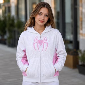 White Pink Spider Gwen Ghost Spider Zip Hoodie female model outdoor street style