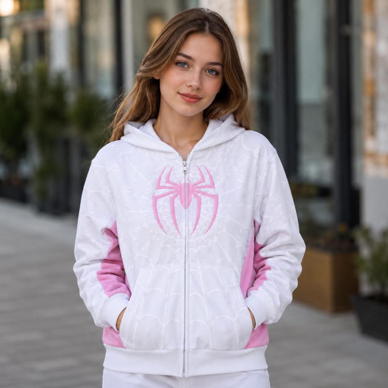White Pink Spider Gwen Ghost Spider Zip Hoodie female model outdoor street style