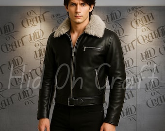 Mens Black Leather Jacket with Faux Fur Collar | Final Fantasy VIII Inspired Squall Leonhart