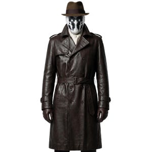 Könnte beinhalten: Ein dunkelbrauner Ledertrenchcoat mit passendem Gürtel und Handschuhen. Der Mantel hat ein doppelreihiges Design und einen klassischen Kragen. Ein brauner Fedora-Hut und eine Maske mit Tintenklecksmuster vervollständigen den Look.