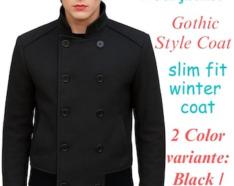 Handmade Black Wool Double Breasted Jacket | Slim Fit Gothic Pea Coat