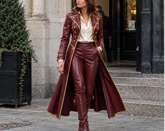 Military Victorian Steampunk Pirate Outfit for Women Burgundy Tailcoat & Pants Set