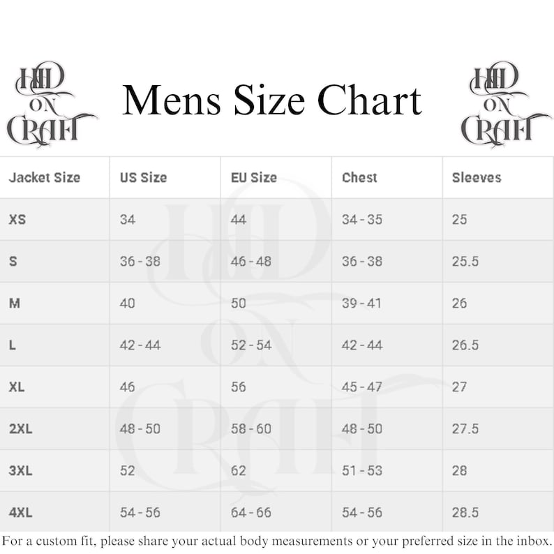 Pode incluir: Um gr&aacute;fico branco intitulado "Mens Size Chart" com tamanhos de jaqueta, tamanhos dos EUA, tamanhos da UE, medidas do peito e medidas das mangas. O gr&aacute;fico inclui tamanhos de XS a 4XL. O texto "HID ON CRAFT" est&aacute; nos cantos superiores.