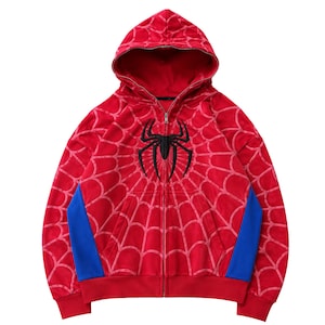 Red Blue Spider Web Hoodie flat lay product front view white background