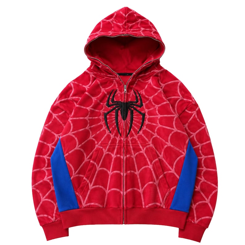Red Blue Spider Web Hoodie flat lay product front view white background