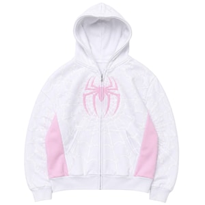 White Pink Spider Graphic Zip Hoodie flat lay product clean white background