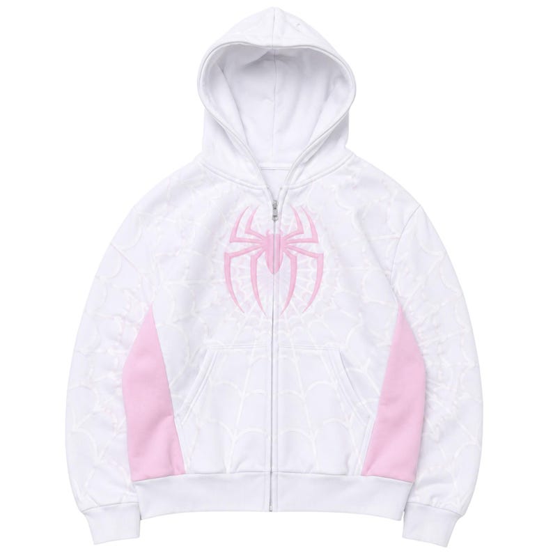 White Pink Spider Graphic Zip Hoodie flat lay product clean white background