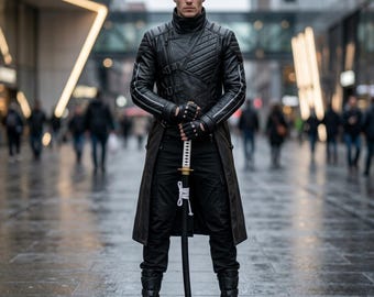 Mens Black Real Leather Samurai Trench Coat, Gothic Cyberpunk Biker Jacket (Quilted)