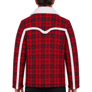 May include: A red and black plaid jacket featuring a white sherpa collar and white sherpa trim along the back yoke and down the length of each sleeve. The jacket has a long-sleeve design with a straight hemline and a textured fleece-like lining.