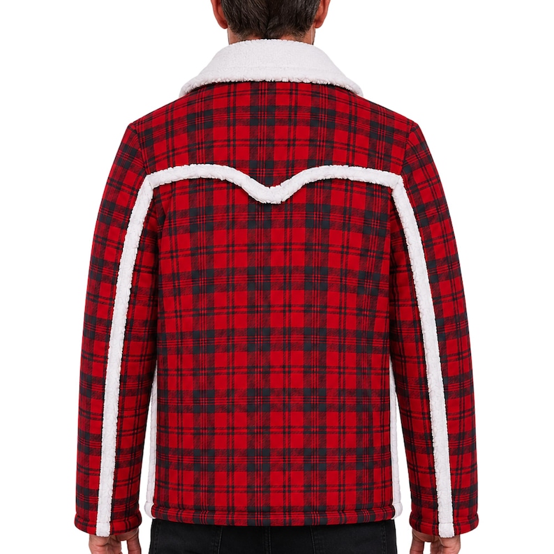 May include: A red and black plaid jacket featuring a white sherpa collar and white sherpa trim along the back yoke and down the length of each sleeve. The jacket has a long-sleeve design with a straight hemline and a textured fleece-like lining.
