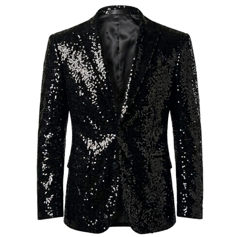 Pode incluir: Um blazer preto com lantejoulas e fecho cl&aacute;ssico de dois bot&otilde;es. O casaco apresenta lapelas entalhadas e um corte sob medida, perfeito para eventos formais ou para adicionar um toque de glamour a qualquer roupa. As lantejoulas criam um efeito brilhante.