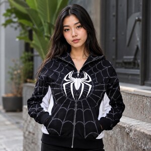 Black White Venom Symbiote Spider Zip Hoodie female model outdoor street style