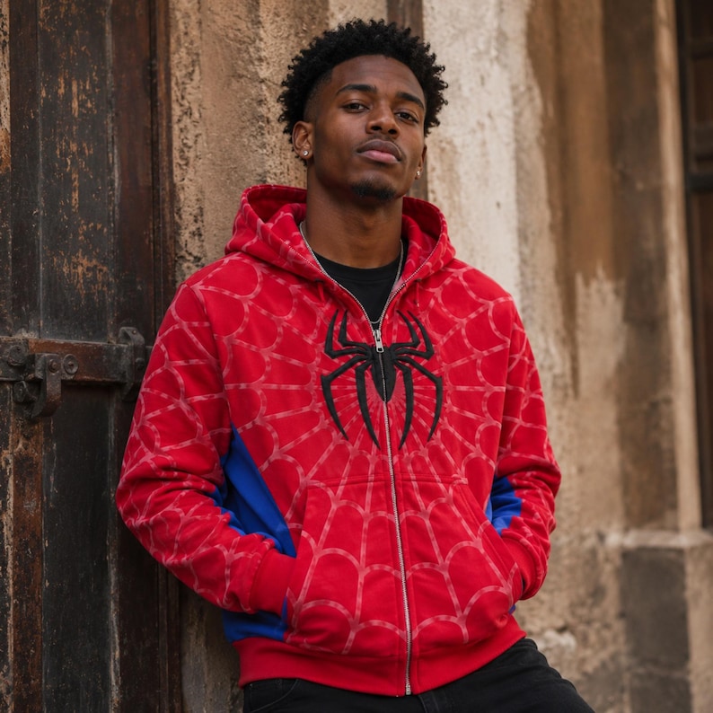 Red Blue Spider Man Zip Up Hoodie male model outdoor street style front view