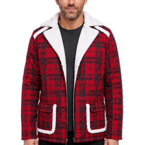 May include: A red and black plaid jacket featuring a white sherpa fleece collar and matching white sherpa trim on the two front flap pockets. The jacket has a full-length front zipper closure and long sleeves, worn over a dark gray t-shirt.
