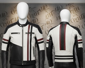 Men’s White & Black Biker Jacket | Vintage Racing Striped Motorcycle | Real Leather Cafe Racer