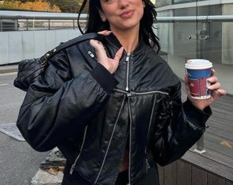 Dua Lipa Inspired Black Leather Cropped Bomber Jacket