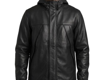 Men Hooded Jacket Genuine Leather Handmade Winter Coat
