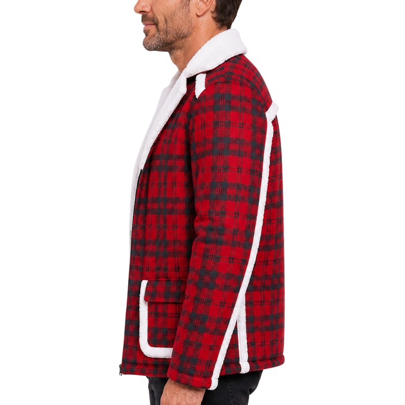 May include: A red and black plaid jacket featuring a white faux shearling collar, white trim along the front opening, and white piping along the side seams. The jacket includes a front pocket with white trim and a full-length front zipper closure.