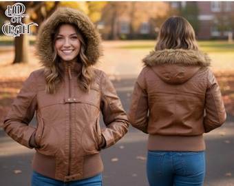 Brown Leather Bomber Jacket with Faux Fur Hood | Genuine Leather Winter Coat