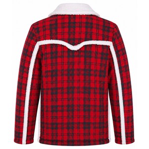 May include: A long-sleeve jacket featuring a red and black plaid pattern. The garment includes a white sherpa-style collar and white sherpa trim detailing along the shoulders and down the length of the sleeves, creating a distinct western-inspired yoke design.