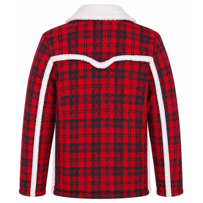 May include: A long-sleeve jacket featuring a red and black plaid pattern. The garment includes a white sherpa-style collar and white sherpa trim detailing along the shoulders and down the length of the sleeves, creating a distinct western-inspired yoke design.