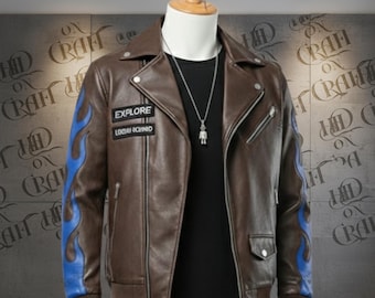 Men’s Brown Genuine Leather Motorcycle Jacket – Brando-Style with Blue Flame Sleeves