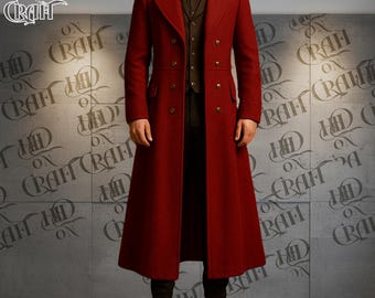 Mens Long Red Wool Overcoat | Victorian Tailcoat | Christmas Coat | Gothic Regency New Year Outfit