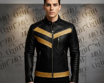 Black Gold Panel Leather Moto Jacket | Handmade Biker Style Jacket for Men | Retro Racing