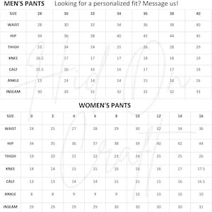 Pode incluir: Uma tabela de tamanhos para cal&ccedil;as em preto e branco, com duas se&ccedil;&otilde;es distintas rotuladas como MEN'S PANTS e WOMEN'S PANTS. As tabelas listam medidas para cintura, quadril, coxa, joelho, panturrilha, tornozelo e entrepernas para v&aacute;rios tamanhos.