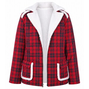 May include: A long-sleeve jacket featuring a red and black plaid pattern with a white sherpa-style fleece lining. The jacket includes a fold-over collar, a full-length front zipper, and two front patch pockets with white fleece trim detailing.