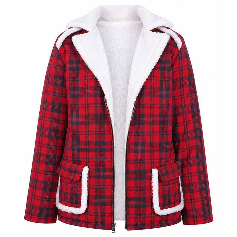 May include: A long-sleeve jacket featuring a red and black plaid pattern with a white sherpa-style fleece lining. The jacket includes a fold-over collar, a full-length front zipper, and two front patch pockets with white fleece trim detailing.