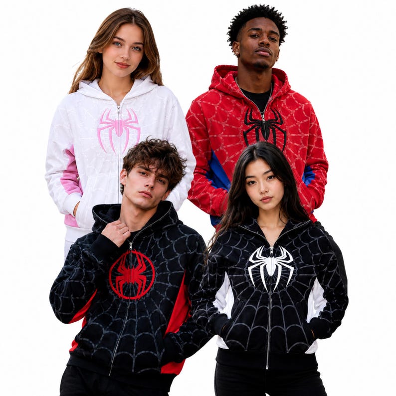 Spider Graphic Zip Hoodie all four colors red black white pink worn by four models group shot