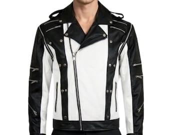 Michael Jackson Pepsi Leather Jacket | MJ Black White Costume | Halloween Cosplay Biker Jacket