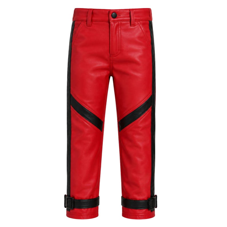 May include: Bright red pants featuring a smooth finish, a black button closure at the waist, and vertical black side stripes. The legs include diagonal black panels above the knees and adjustable black buckled straps at the bottom cuffs.