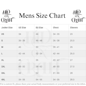 Pode incluir: Uma tabela de tamanhos para jaquetas em fundo branco com o texto Mens Size Chart e HID ON CRAFT. A tabela lista tamanhos de XS a 4XL, incluindo tamanhos dos EUA, tamanhos da UE e medidas de peito e mangas em polegadas.