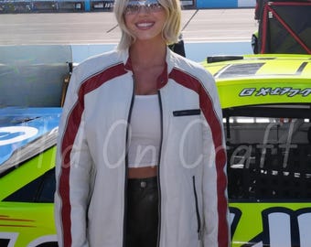 Sydney Sweeney inspired White Racing Jacket | Red Stripe | Real Leather Biker Jacket | Vintage Motorsport